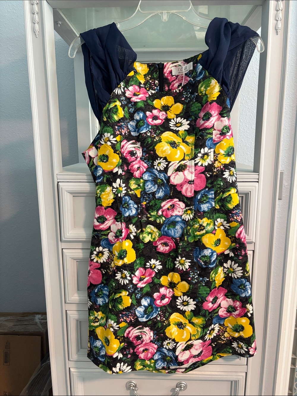 Floral Print A-Line Dress with Navy Cap Sleeves